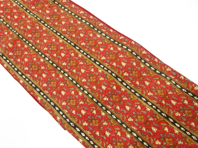 手織り紬縞に草花模様全通袋帯